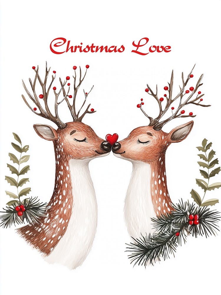 Raindeer Love, "Christmas Love", Verliebte Hirsche Malerei, Weihnachts Kunst.