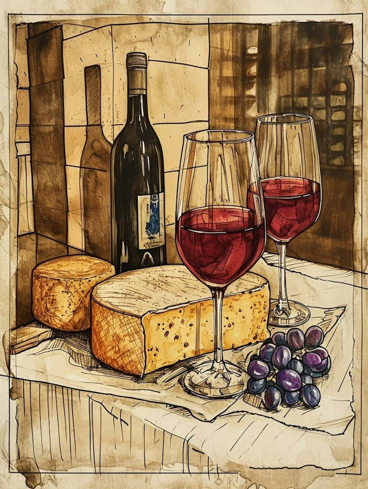 Cheese & Wine Rustic Illustration 3