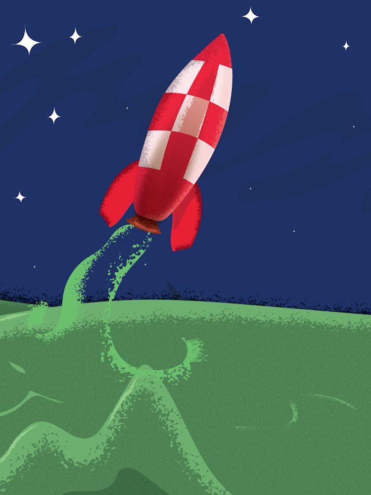 Retro Space rocket on the Moon.