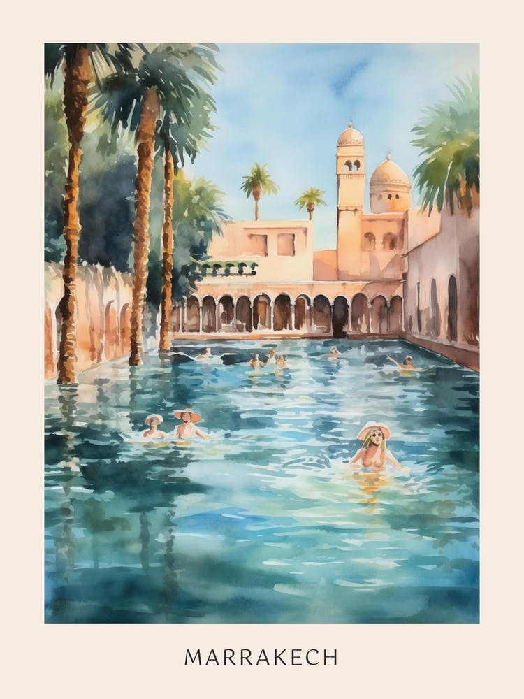 Swimming In Marrakech Morocco 2 Watercolour Poster