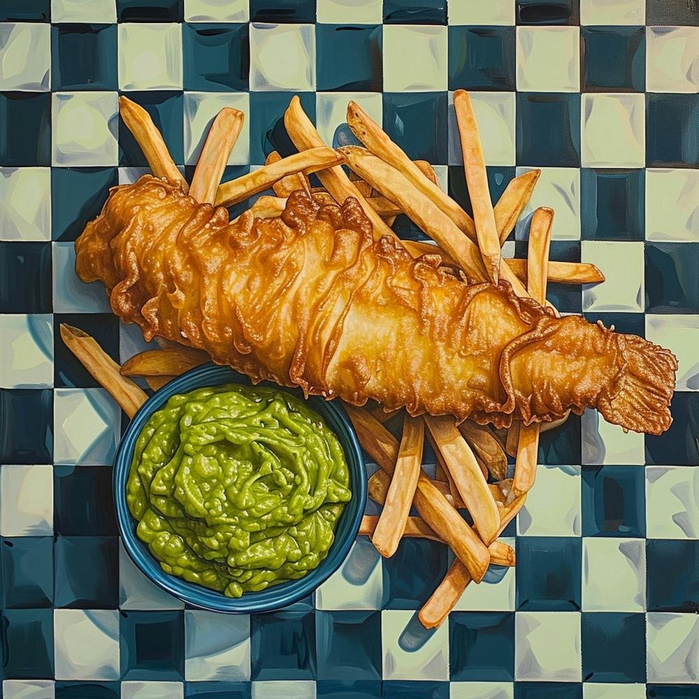 Fish & Chips & Erbsenpüree Schwarzes Schachbrettmuster 2