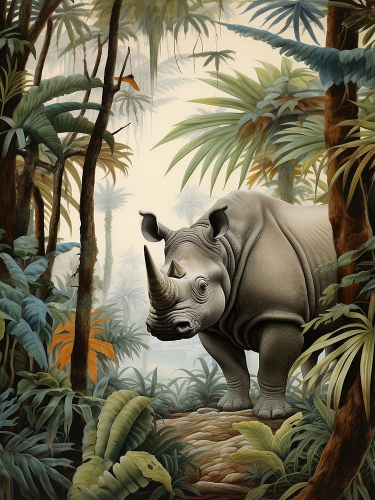 Deep In The Leaves Rhino Realistic Illustration 4