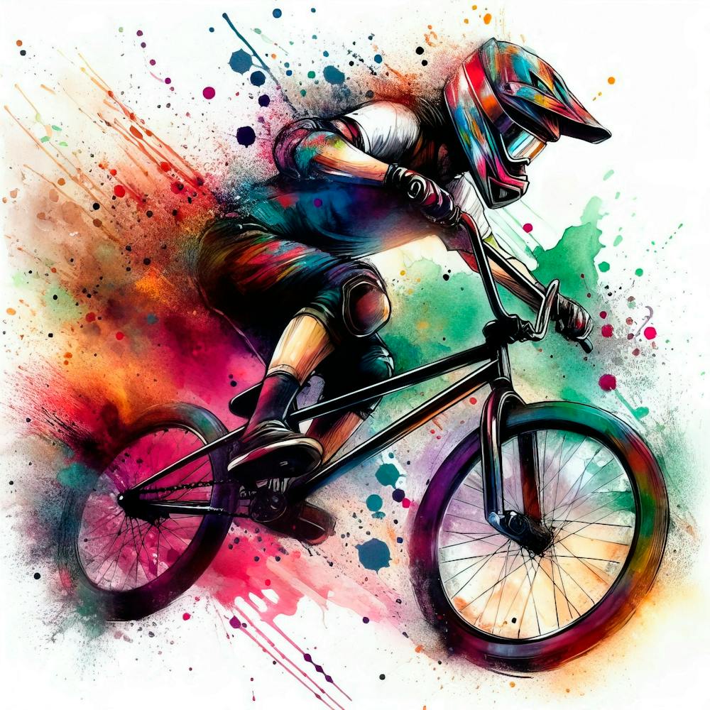 Vibrant Art Of A Cycling Bmx Racing Player In Action With Watercolor Splashes And Ink Drops 2