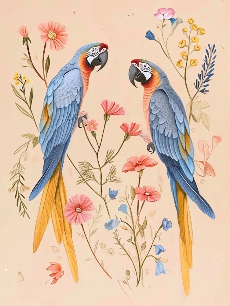 Folksy Floral Animal Drawing Macaw