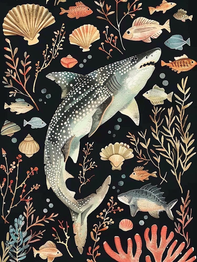Wobbegong Shark Seascape Black Background Illustration 4