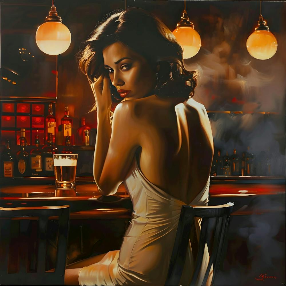 Girl at Bar in Amber Glow