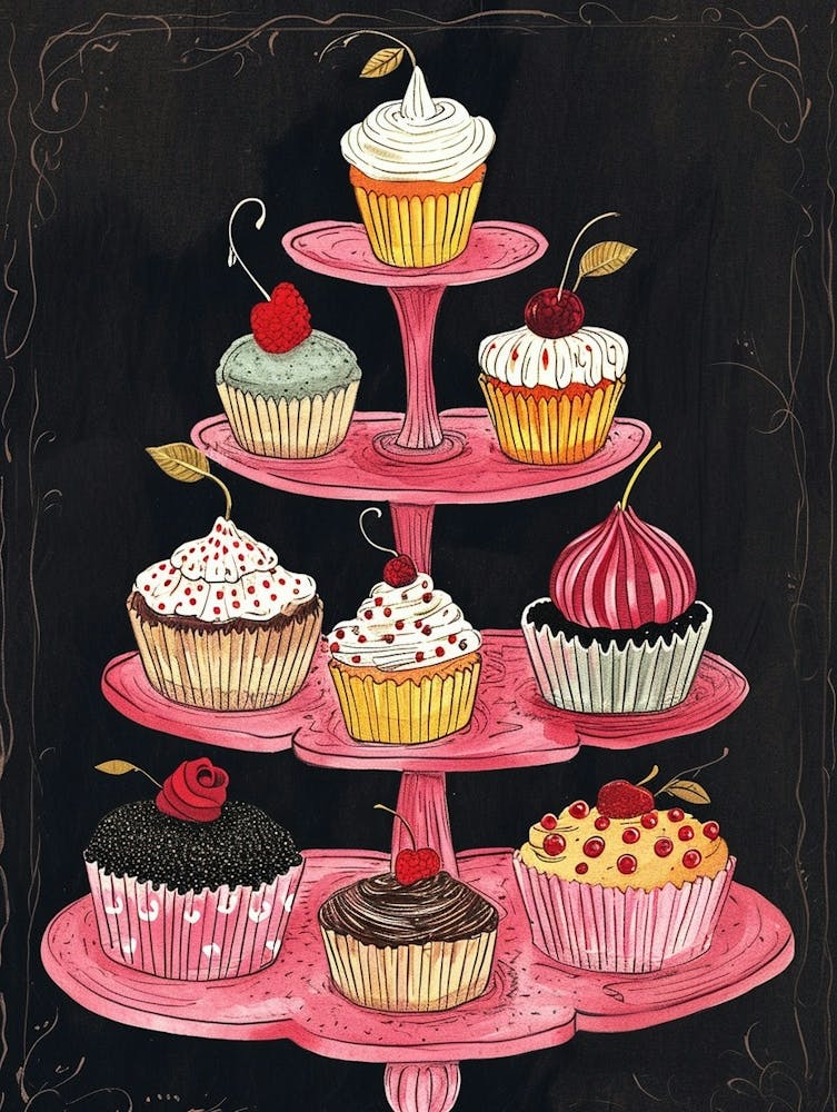 Cute Detailed Line Drawing Of Pink Cupcakes