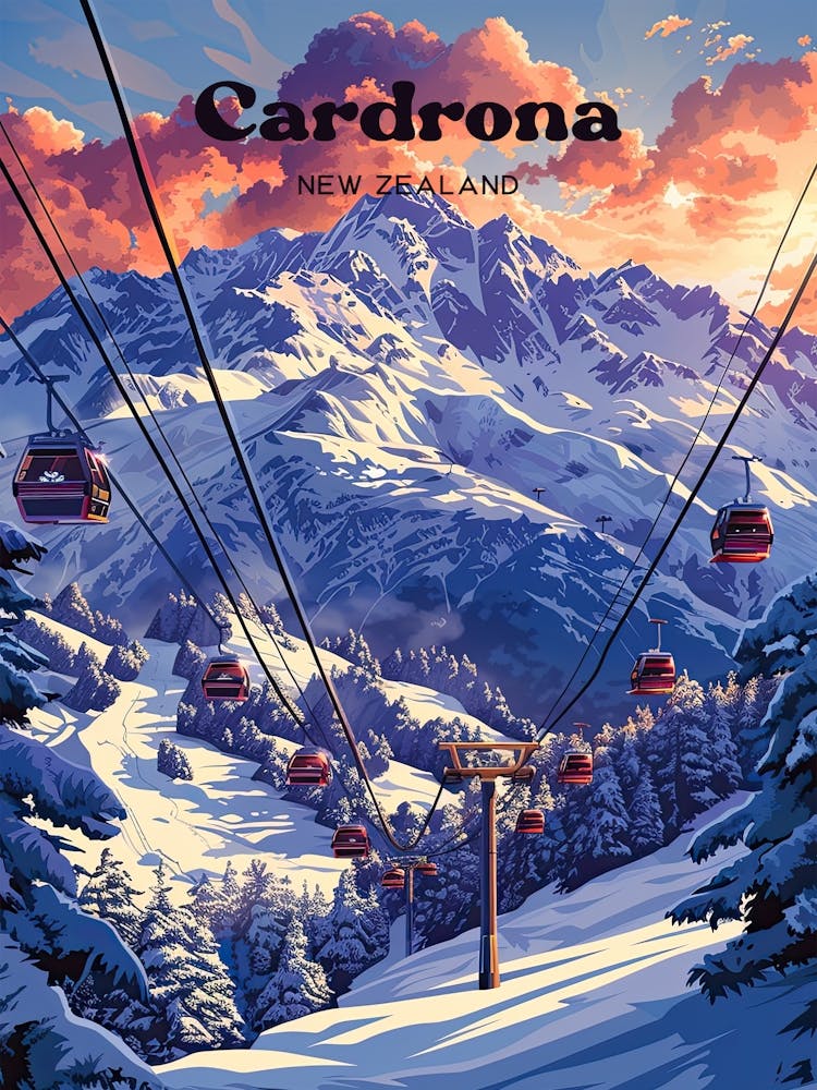Cardrona New Zealand Ski Holiday Travel Art Illustration
