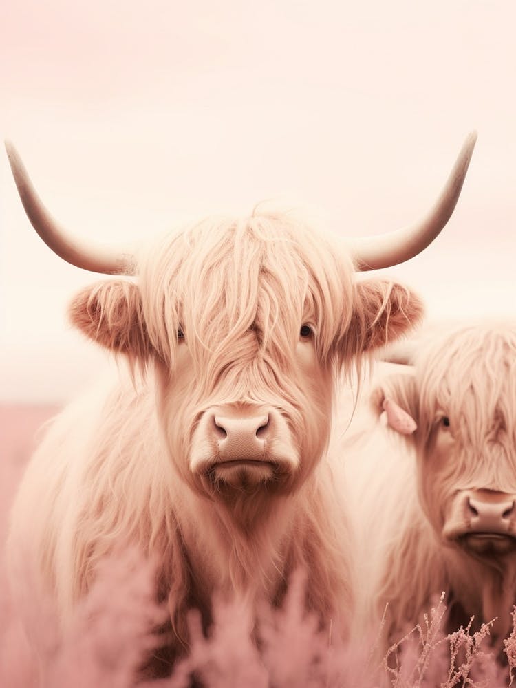 Portrait Of Two Highland Cows In The Field Pink Realistic Photography 1