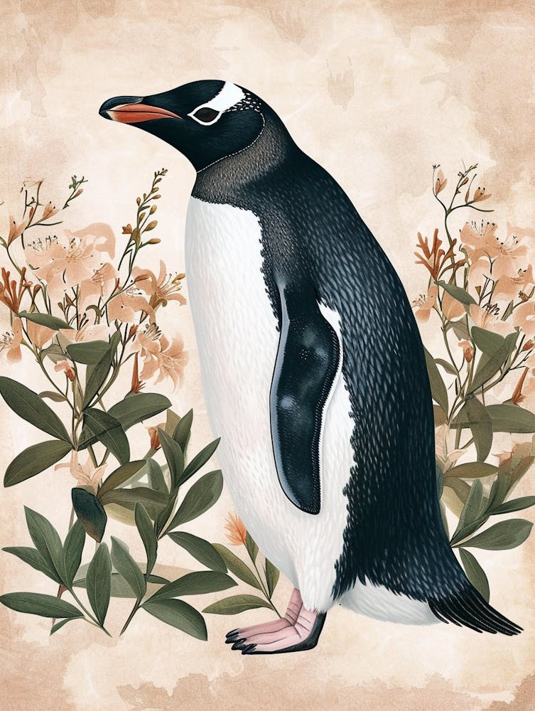 Adlie Penguin Fernandina Island Vintage Botanical Painting 1