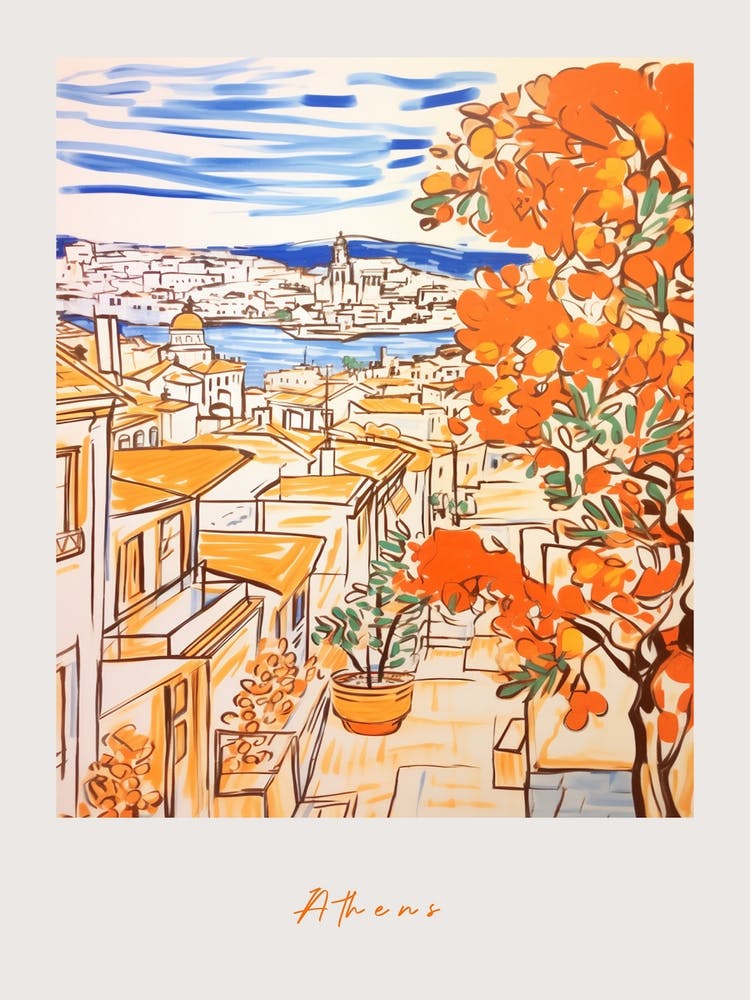 Athens Greece Orange Drawing Poster