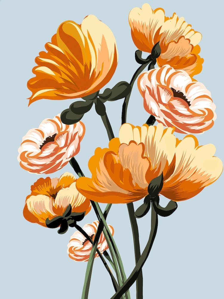 Bunch Of Flowers On Pale Blue