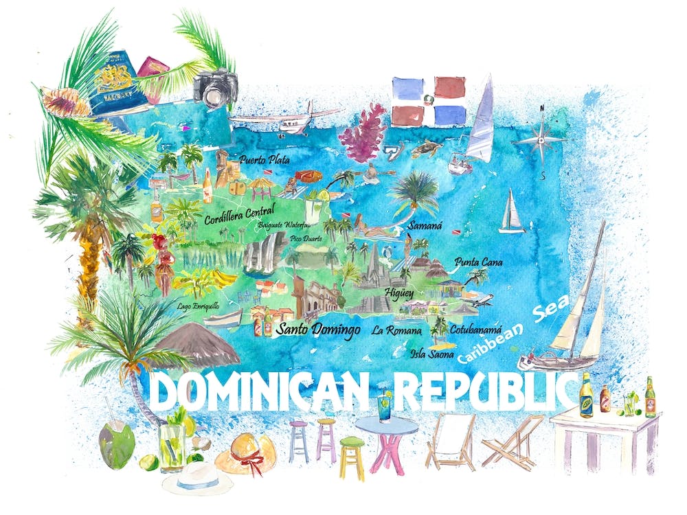 Dominican Republic Caribbean Illustrated Travel Map With Roads And Highlights