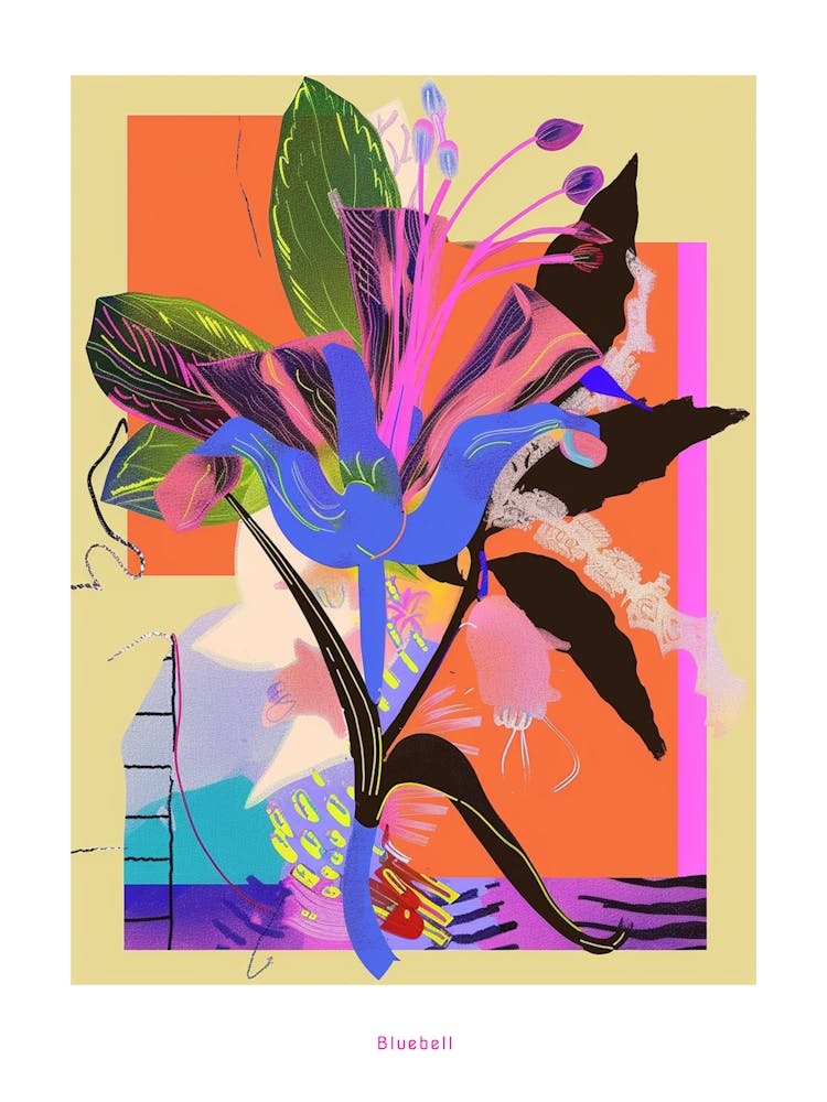 Bluebell 1 Neon Flower Collage Poster