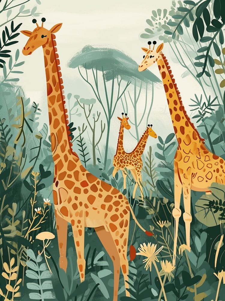 Giraffe In The Plants Modern Kitsch Illustration 2