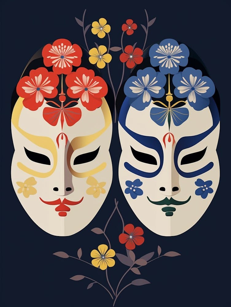 Noh Masks Japanese Style Illustration 11