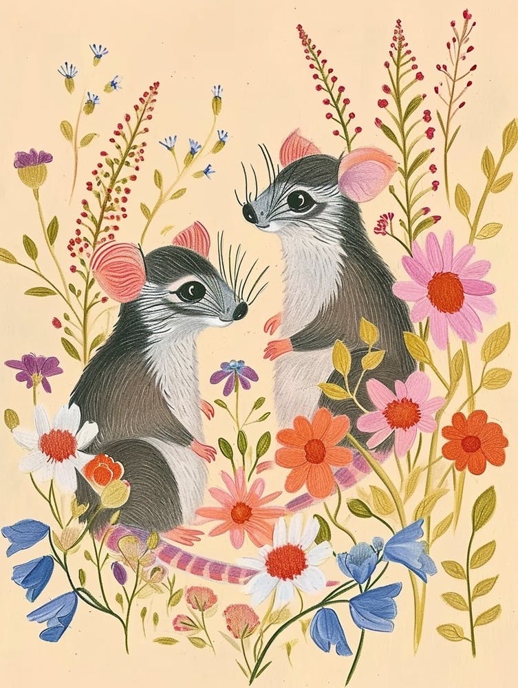 Folksy Floral Animal Drawing Oppossum 2