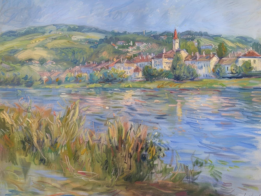 Village Lakeshore Elegance Painting Inspired By Paul Cezanne