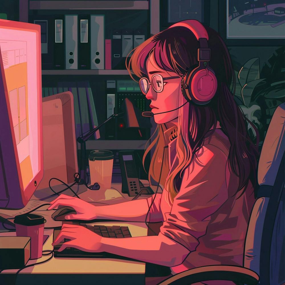 Girl With Headphones Working On Computer
