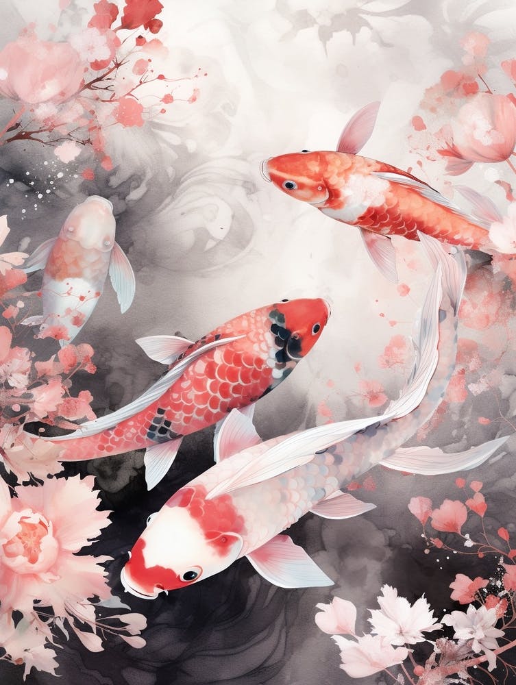 Red Koi Fish Watercolour With Botanicals 2