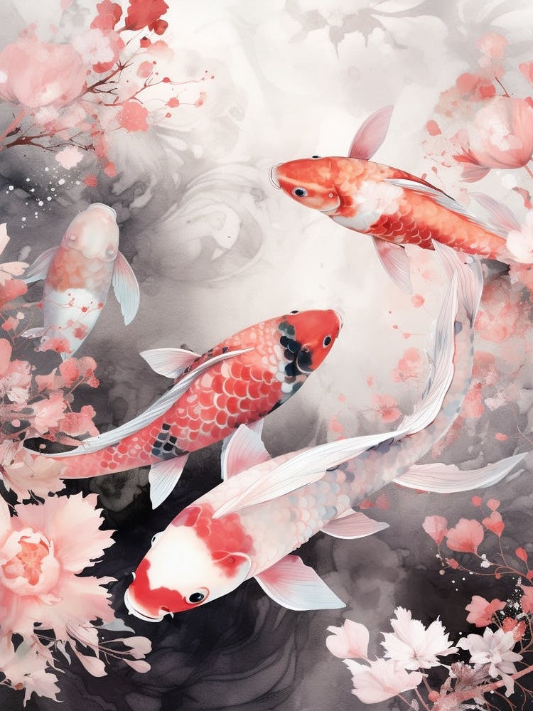 Red Koi Fish Watercolour With Botanicals 2