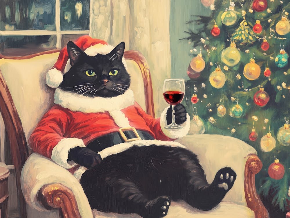 Christmas Santa Cat Holding Wine