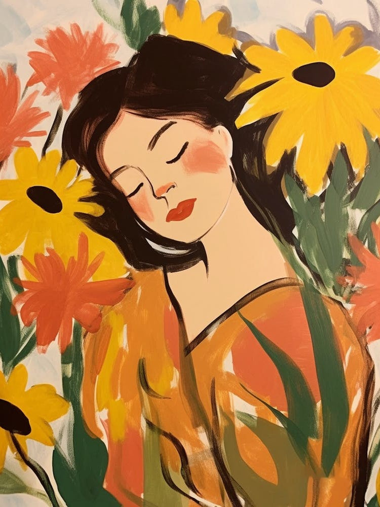 Woman With Autumnal Flowers Sunflower