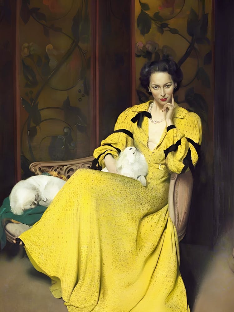 Lady In Yellow With Little White Dogs, Vintage Woman Portrait Art