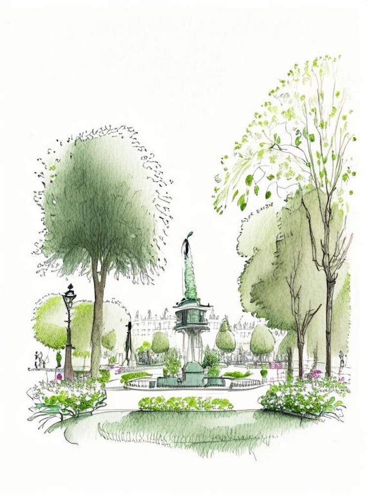 Luxembourg Gardens, France Vintage Pencil Drawing