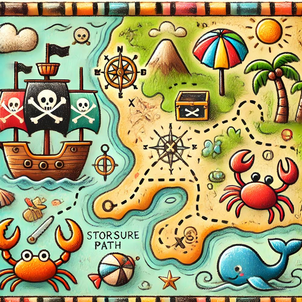 Pirate Treasure Map Art Crayon Storybook Style Kids Adventure Decor