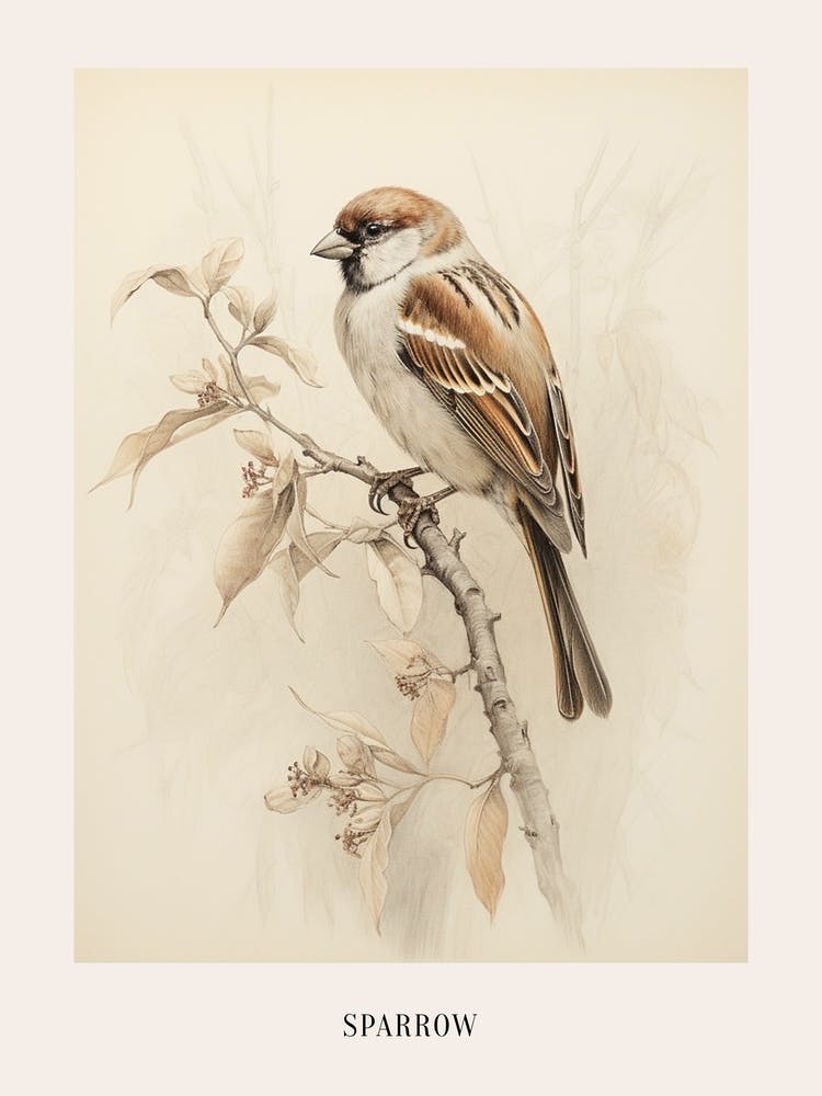 Vintage Bird Drawing Sparrow 2 Poster