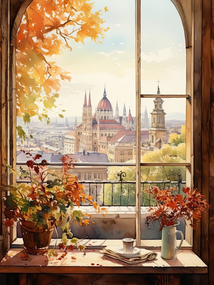 Window View Of Budapest Hungary In Autumn Fall, Watercolour 2