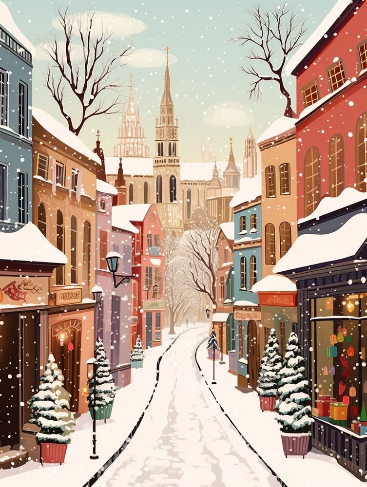 Vintage Winter Travel Illustration Krakow Poland 3