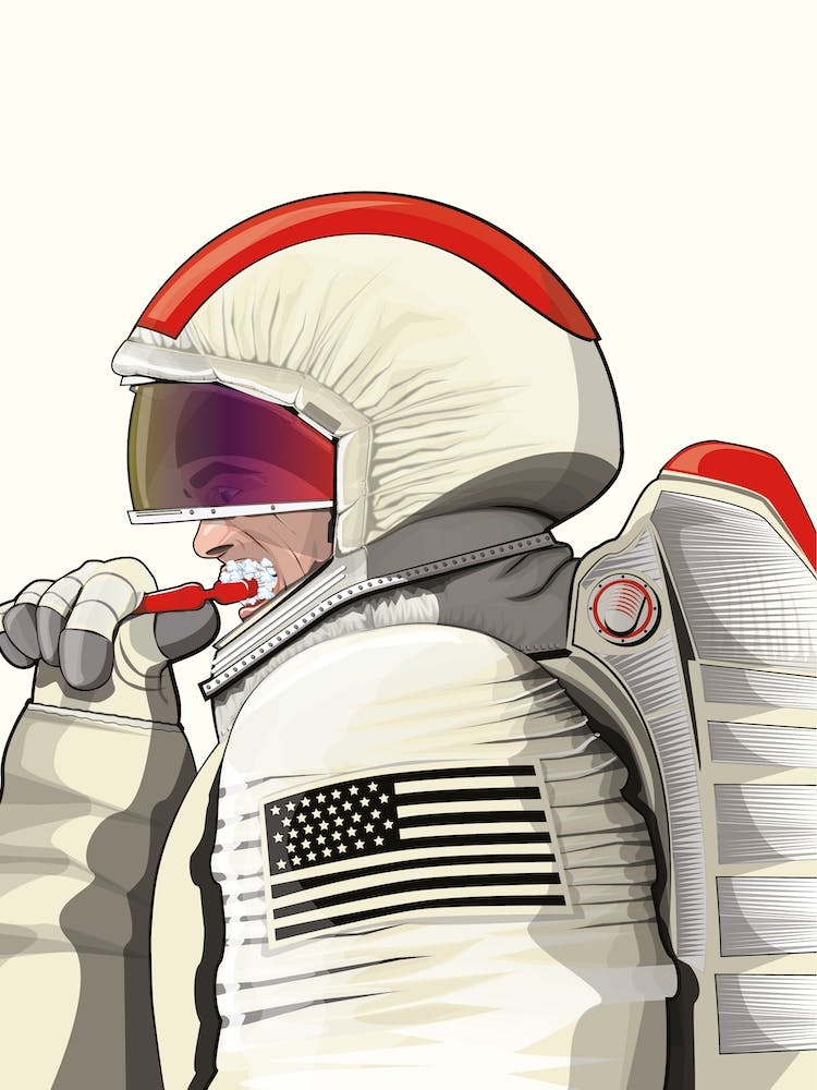 Astronaut Cleaning Teeth In Bathroom