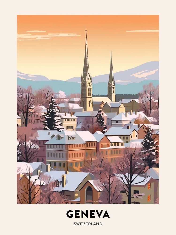 Vintage Winter Travel Poster Geneva Switzerland 2