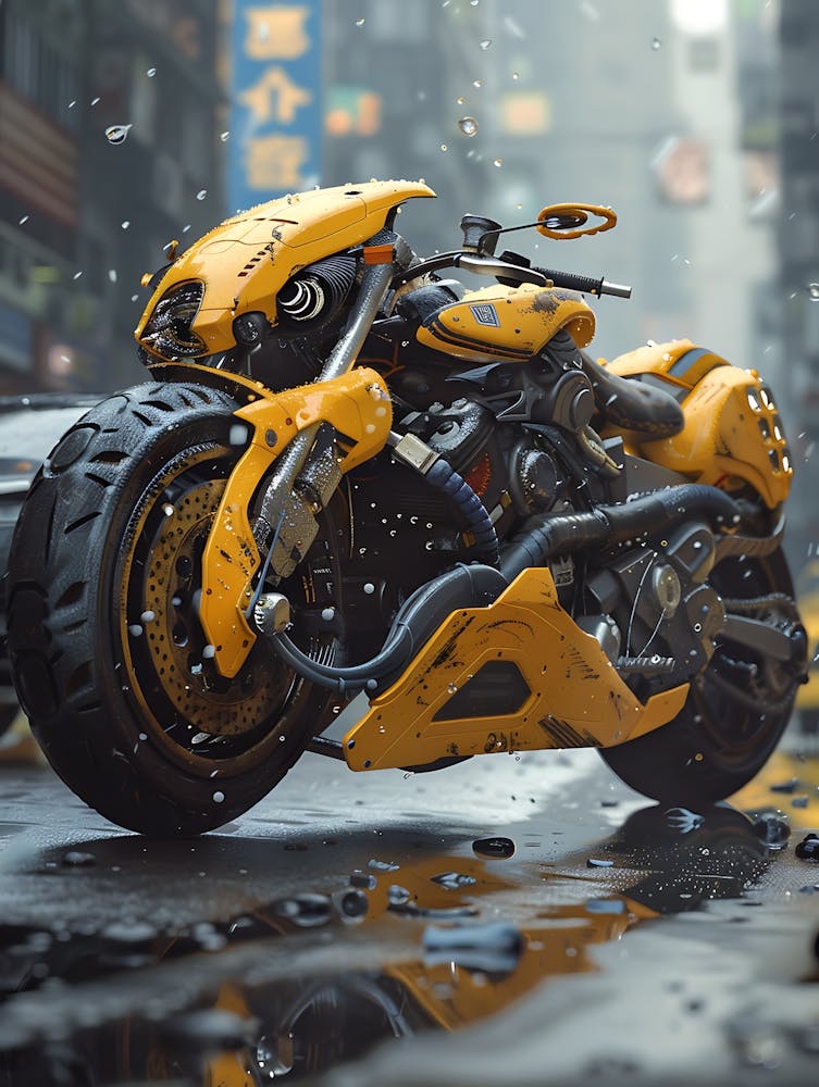 Yellow Motorcycle In The Rain