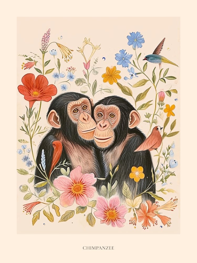 Folksy Floral Animal Drawing Chimpanzee 5 Poster