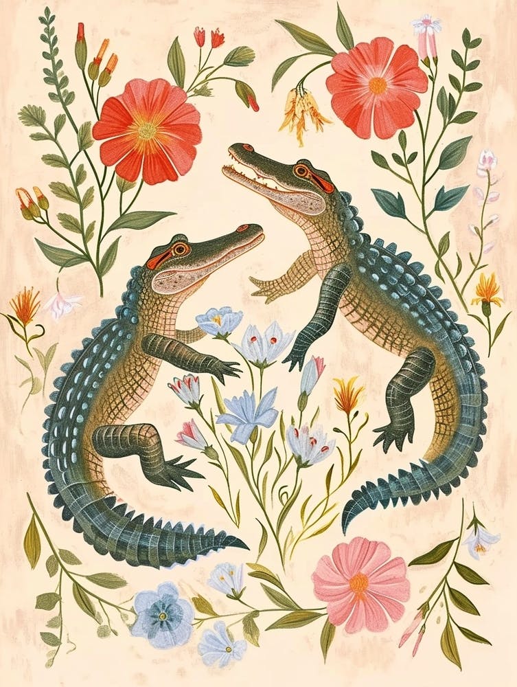 Folksy Floral Animal Drawing Alligator