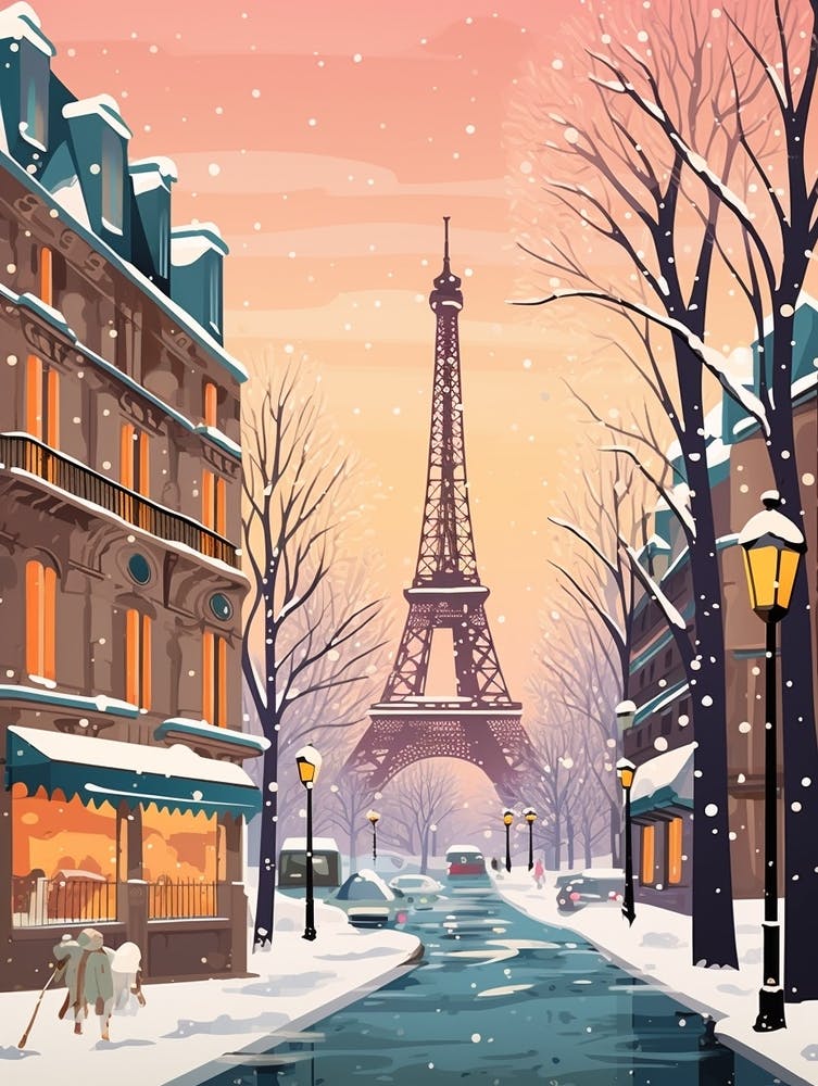 Vintage Winter Travel Illustration Paris France 3