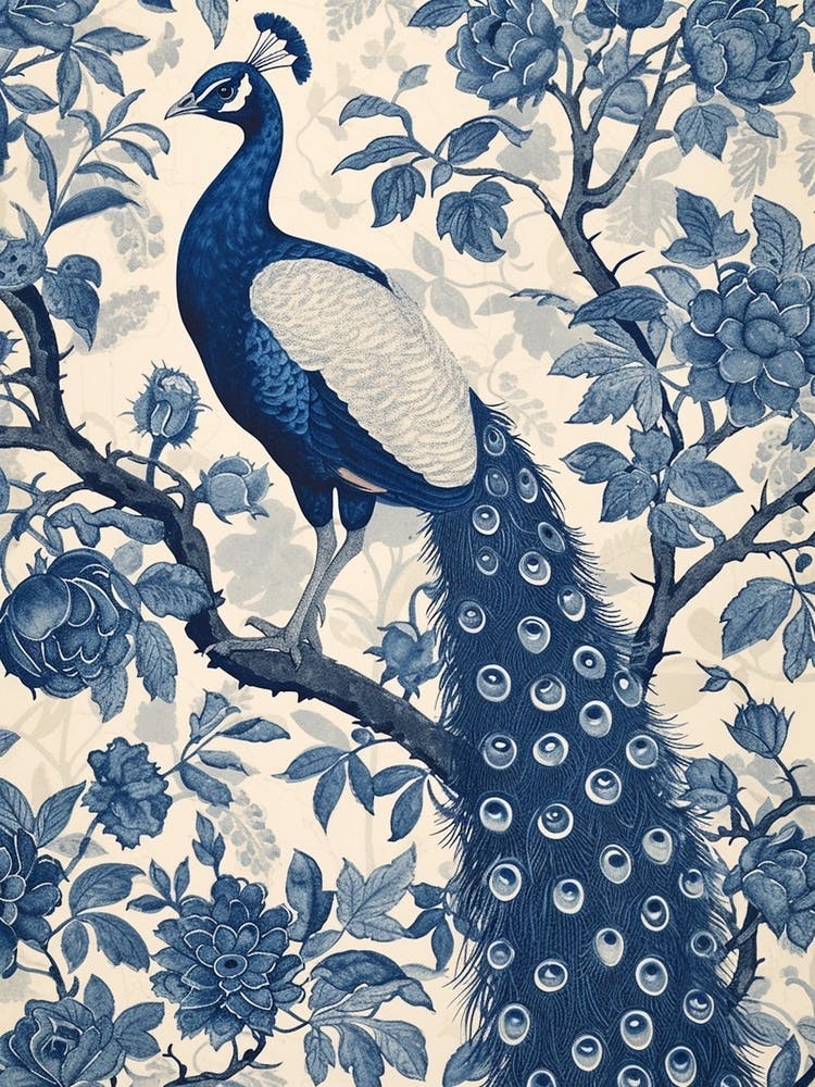 Blue & Cream Vintage Peacock Wallpaper Inspired  2