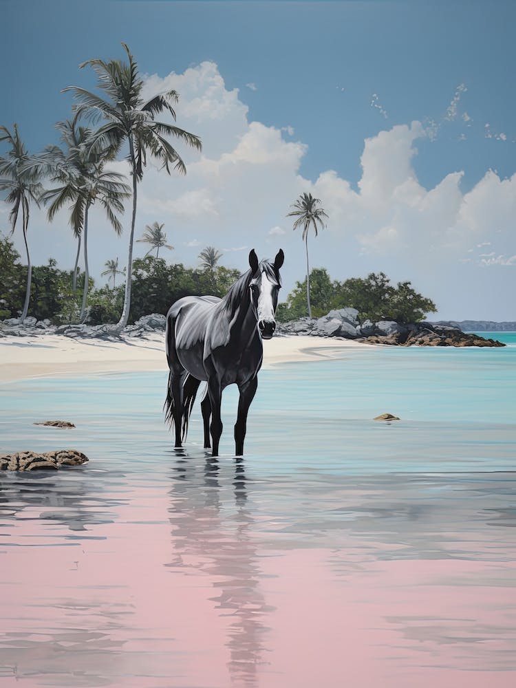 A Horse Oil Painting In Pink Sands Beach, Bahamas, Portrait 3