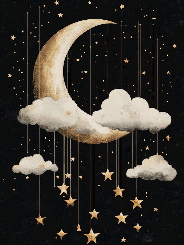 Starry lullaby scene – deep navy, metallic gold, soft neutrals – magical vintage aesthetic – mixed digital media – Gustav Klimt meets dreamscape – fantasy illustrative art – perfect for nurseries, spas, or cozy lounges