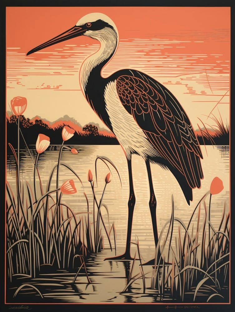 Vintage Bird Linocut Stork 4