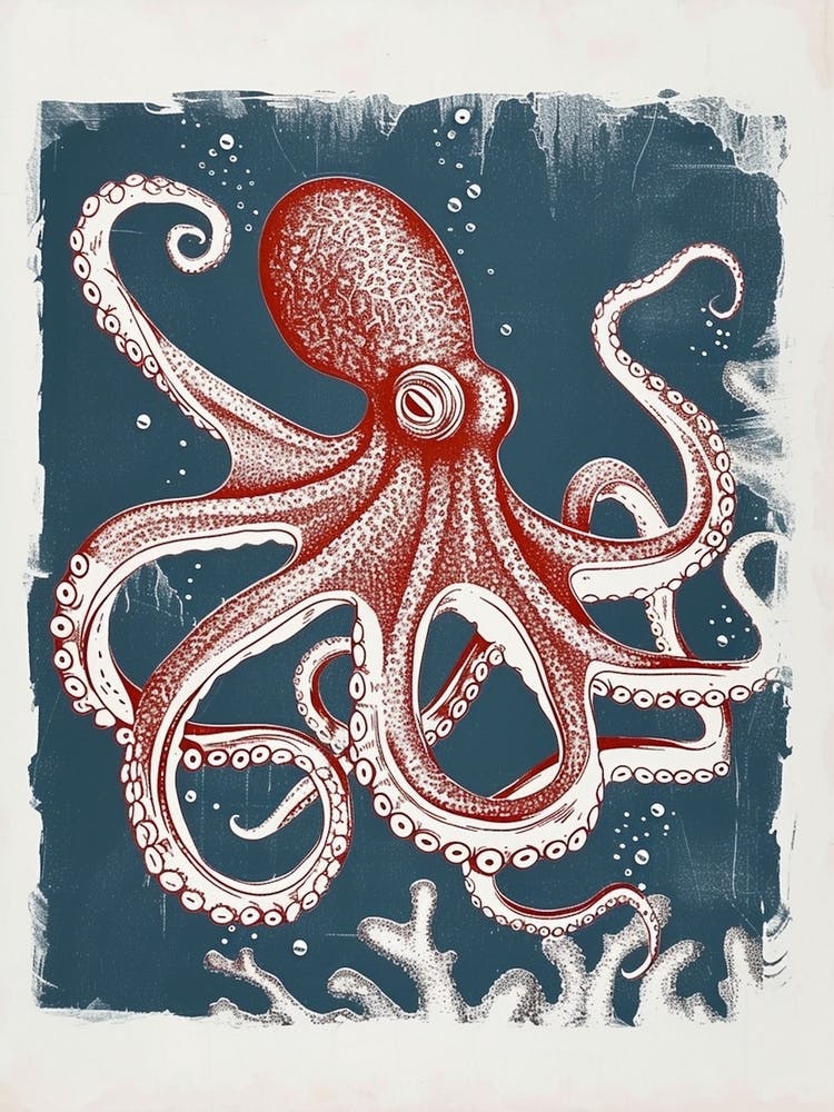 Octopus In Ocean Blue Linocut Background 4