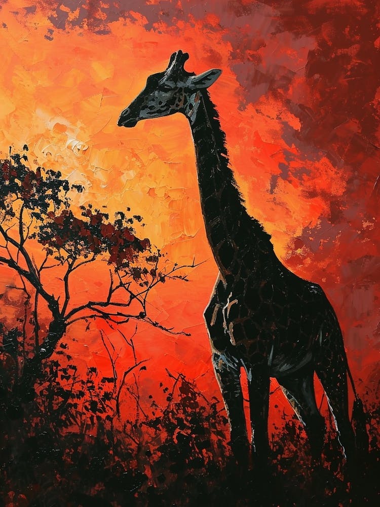 Giraffe In The Red Sunset Brushstroke Style 1