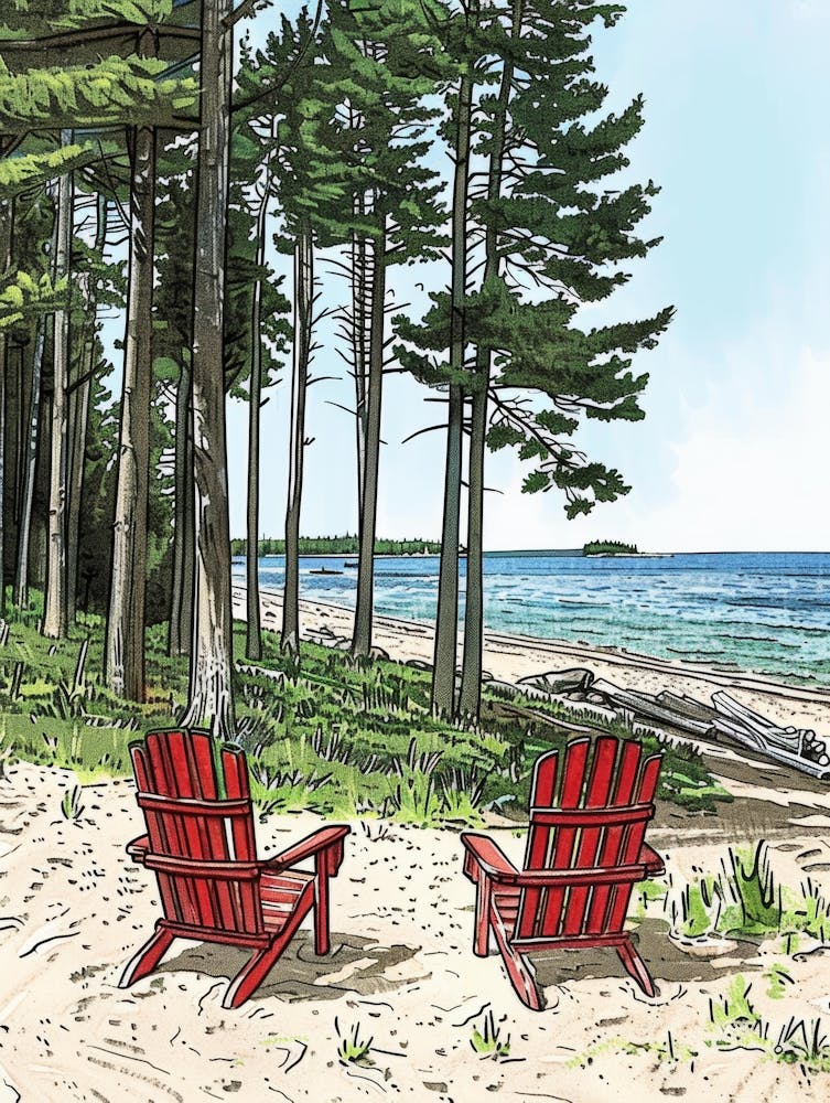 Red Adirondack Chairs On The Beach