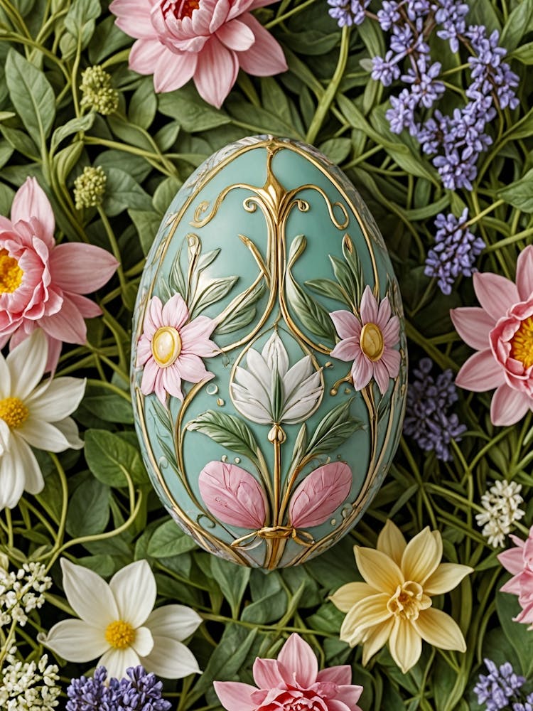 Decorated Easter Egg in the Flowers