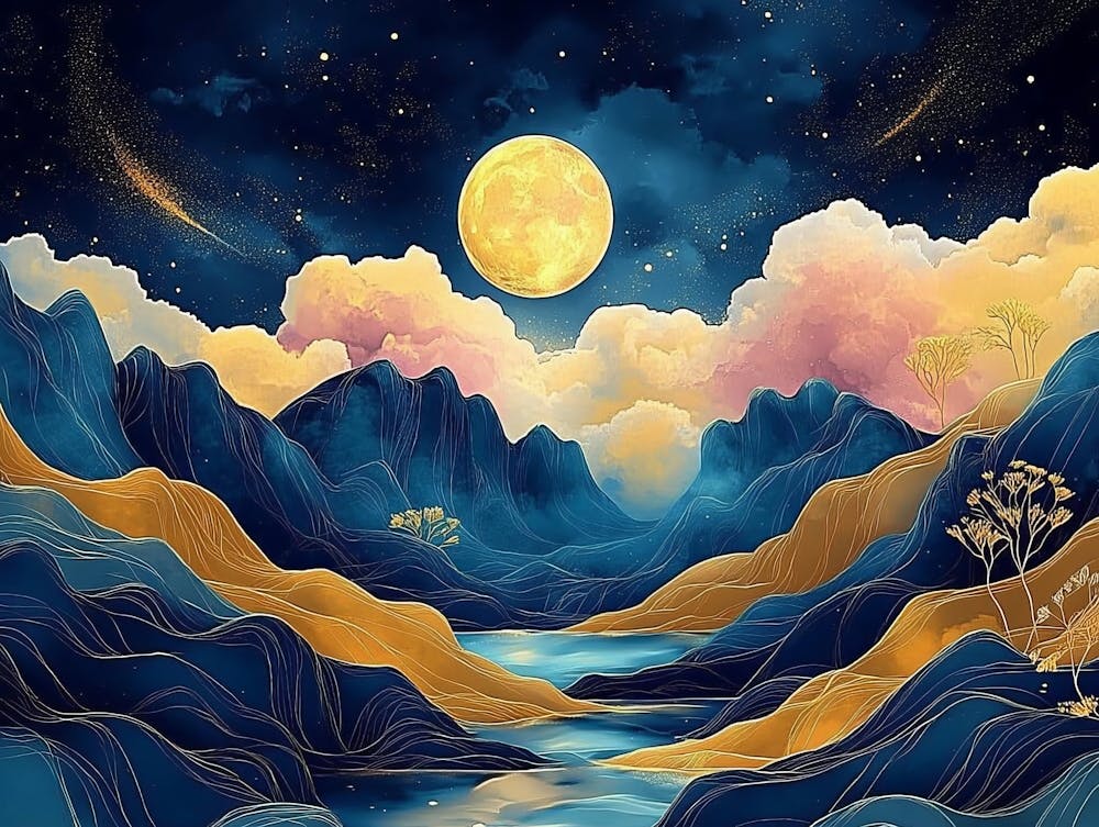 3d Modern Art with Night Landscape with Dark Mountains, Dark Black Background with Stars 1