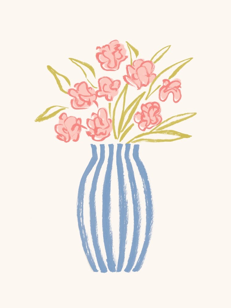 Stripes Flower Vase Floral Still Life Illustration - Blue Pink Colorful