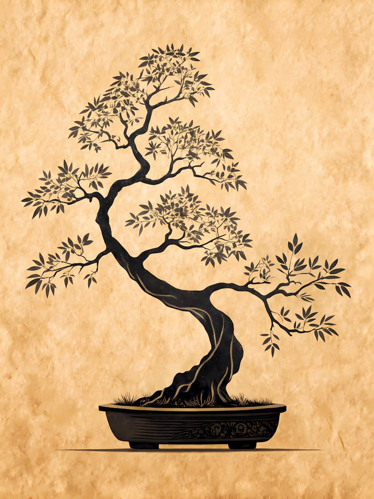 Minimalist Ink Sketch Of Bonsai Tree In Silhouet